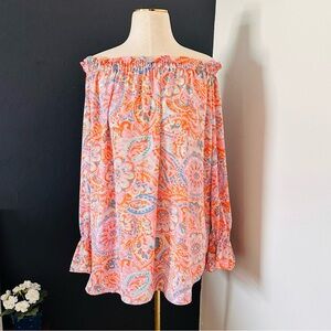TALBOTS Psychedelic Orange Pink Blue  Ruffled Off-Shoulder Slve EUC Sz MP - L